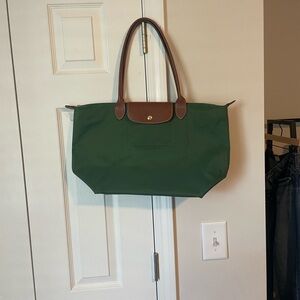 Longchamp Forest Green Tote with Brown Accents